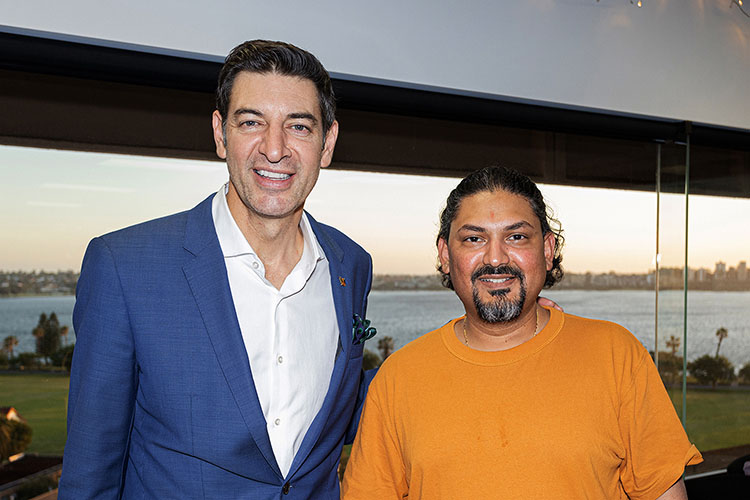 Lord Mayor of City of Perth Basil Zempilas and Nilesh Makwana in front of Swan River view