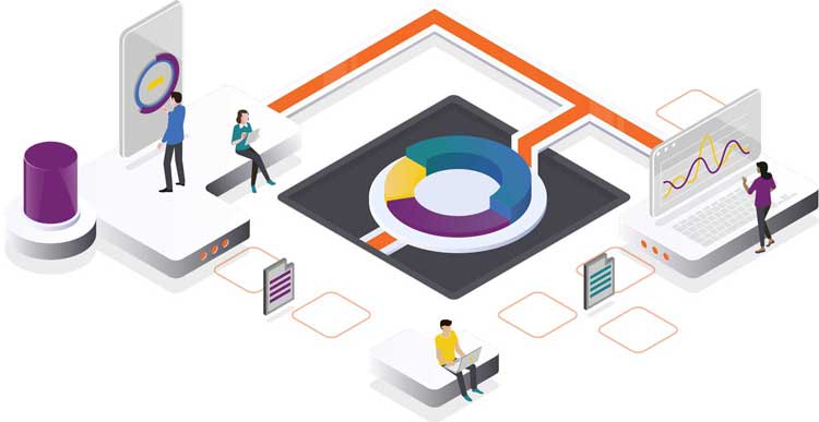 Power Platform illustration showing connectivity and complete solution in the form of miniature people in an isometric style